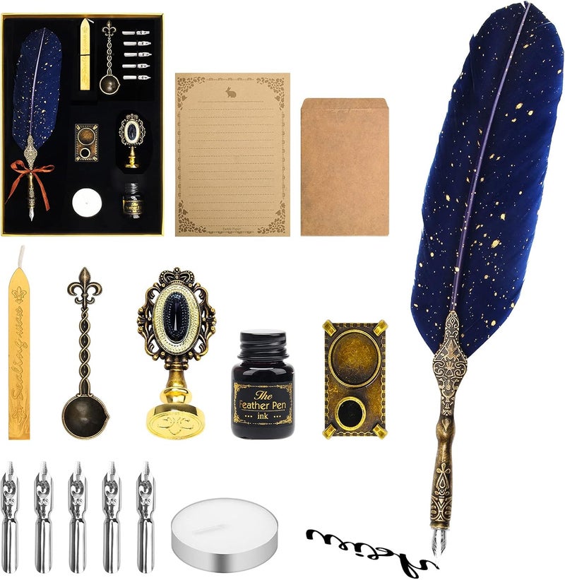 Anglekai Quill Pen and Ink Set, Calligraphy Feather Pen Set with Wax Seal Stamp, Ink, Replacement Nibs, Spoon, Envelope Letter Paper, White Wax, Antique Quills (Blue) - Image 1
